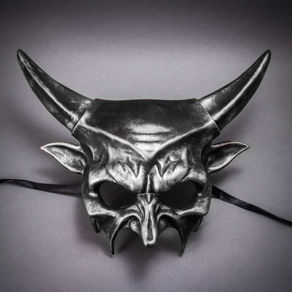 Black Silver Sharp Long Horn Devil Demon Masquerade Wedding Halloween Party Mask